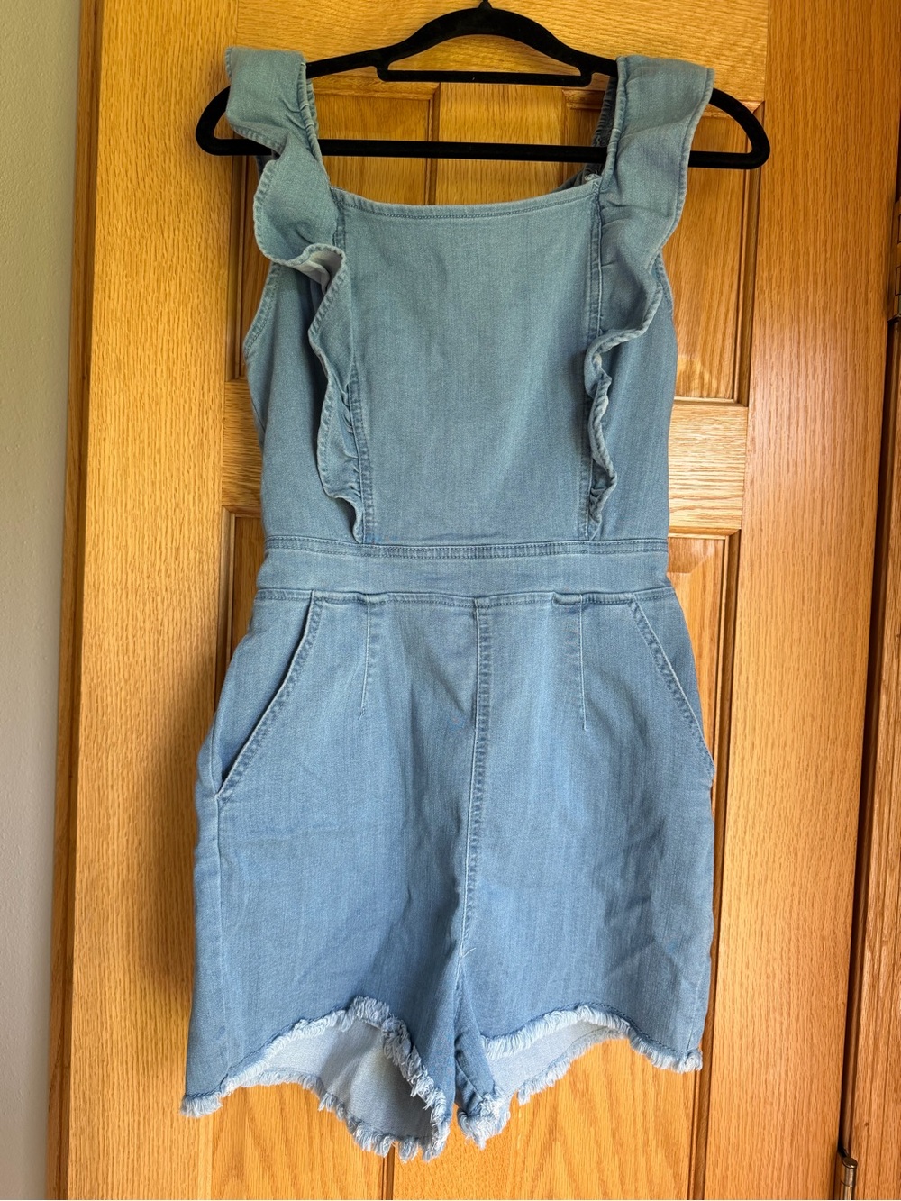Denim Blvd Los Angeles Ruffle Strappy Denim Romper Light Wash Medium M Stretch